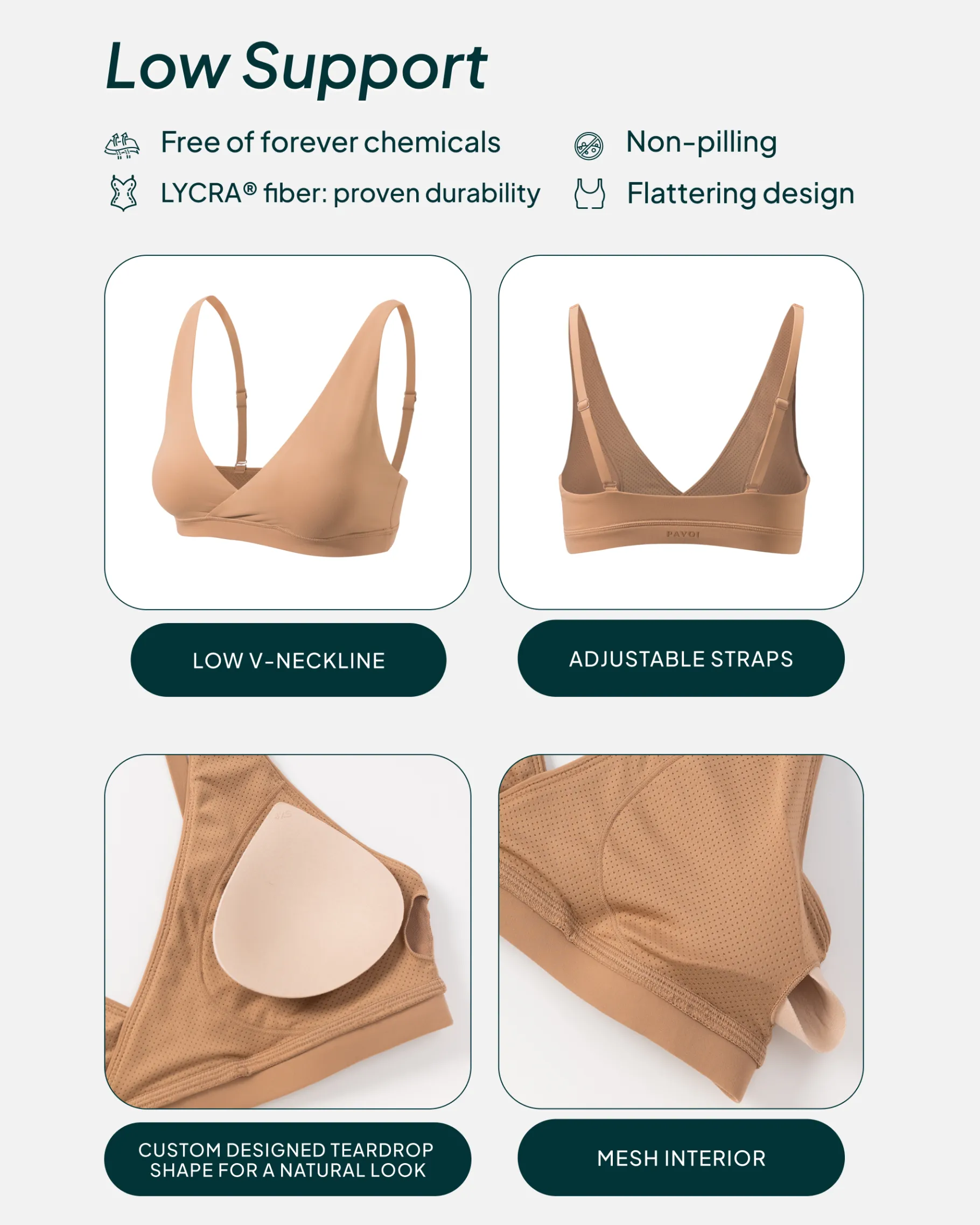 PAVOI Low Support Bras|Bras-Athleisure Plunge Low-Support Sports Bra