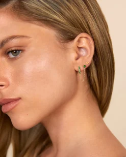 PAVOI Chain Earrings|Dangle & Threader-Chained Huggie Hoop with Green CZ Stud