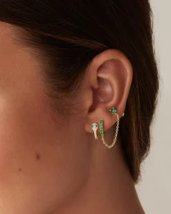 PAVOI Chain Earrings|Dangle & Threader-Chained Huggie Hoop with Green CZ Stud