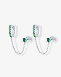 PAVOI Chain Earrings|Dangle & Threader-Chained Huggie Hoop with Green CZ Stud