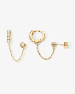 PAVOI Chain Earrings|Dangle & Threader-Pearled Chained Huggie Hoop with Stud